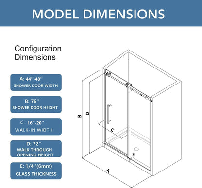 KPUY S9811B Frameless Shower Door, 44-48" W x 76" H Sliding Glass Shower Door, 1/4" (6mm) Thick Tempered Clear Glass with Explosion-Proof Film Nano Coating, Stainless Steel Hardware, Matte Black