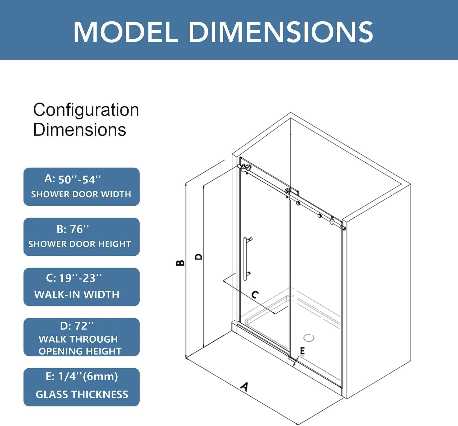 KPUY S9811 Frameless Sliding Shower Door - 56-60" x 76" Wide Matte Black Glass Enclosure-KPUY