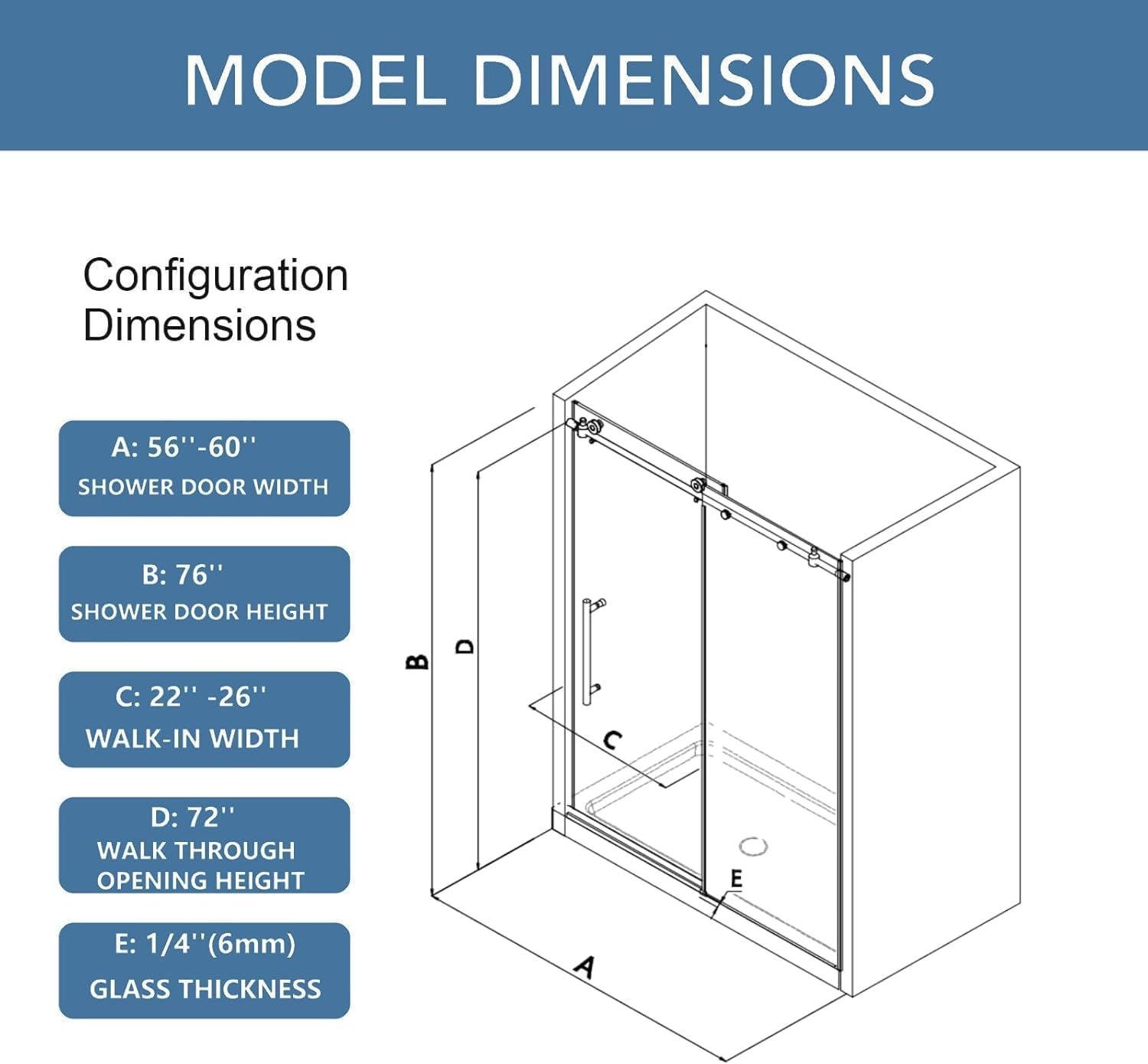 KPUY S9811 Frameless Sliding Shower Door - 56-60" x 76" Wide Matte Black Glass Enclosure-KPUY