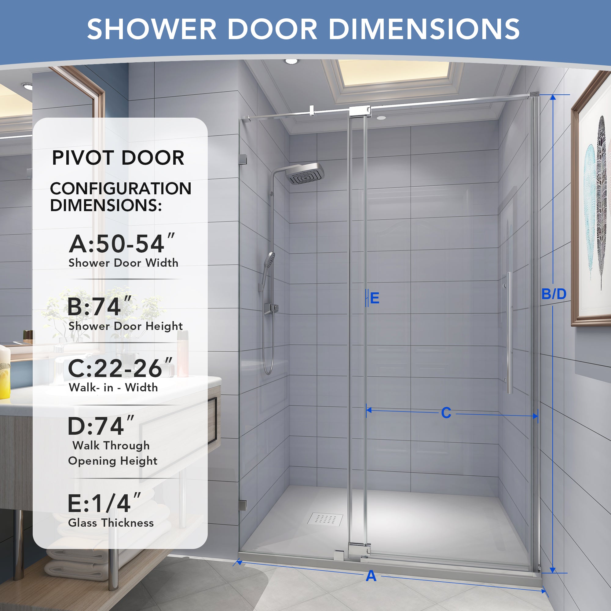KPUY 9511 Pivot Semi-Frameless Shower Door - 50-54" x 74" Wide Chrome Glass Door-KPUY