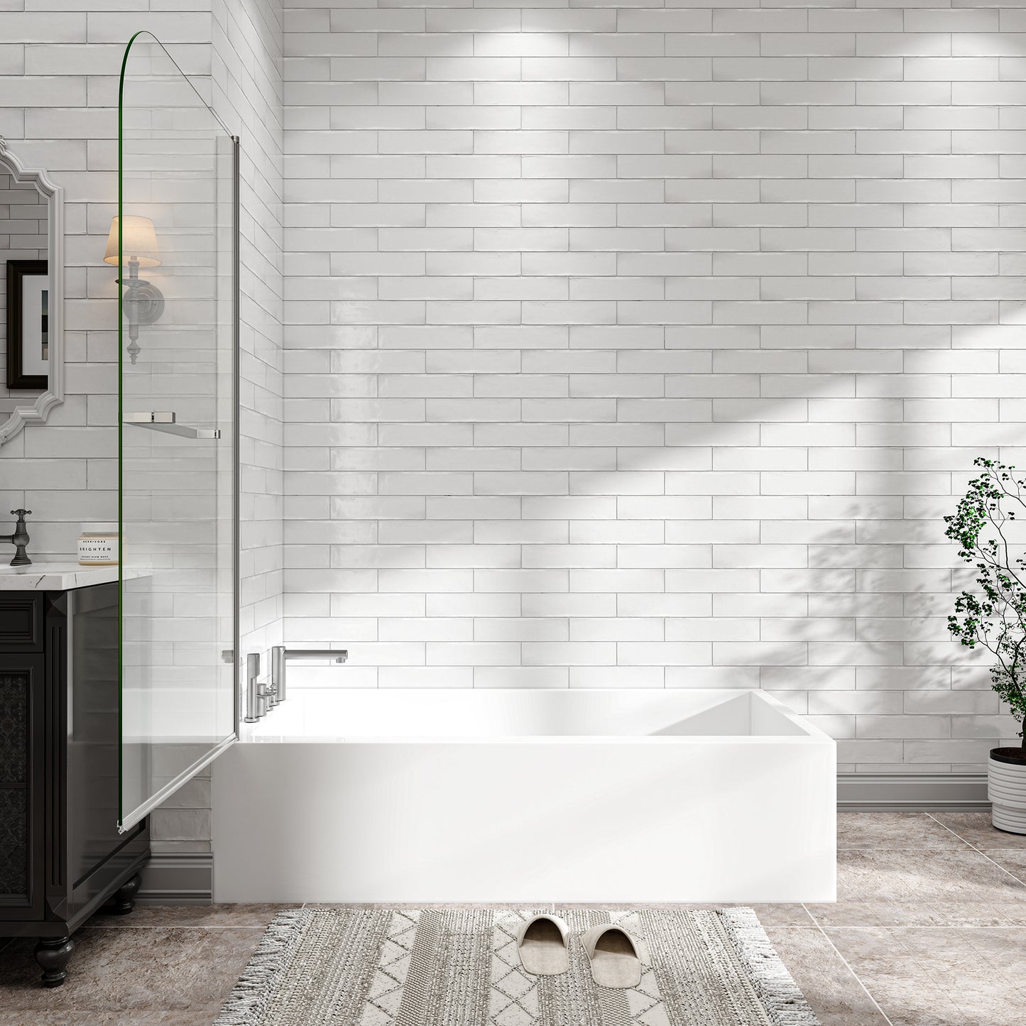 KPUY 32" x 55" Frameless Bathtub Screen | 180° Pivot Shower Door | Reversible