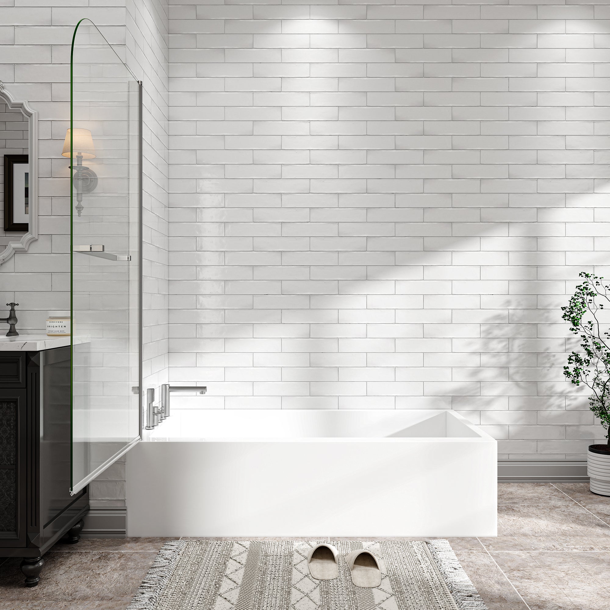 KPUY 32" x 55" Frameless Bathtub Screen | 180° Pivot Shower Door | Reversible