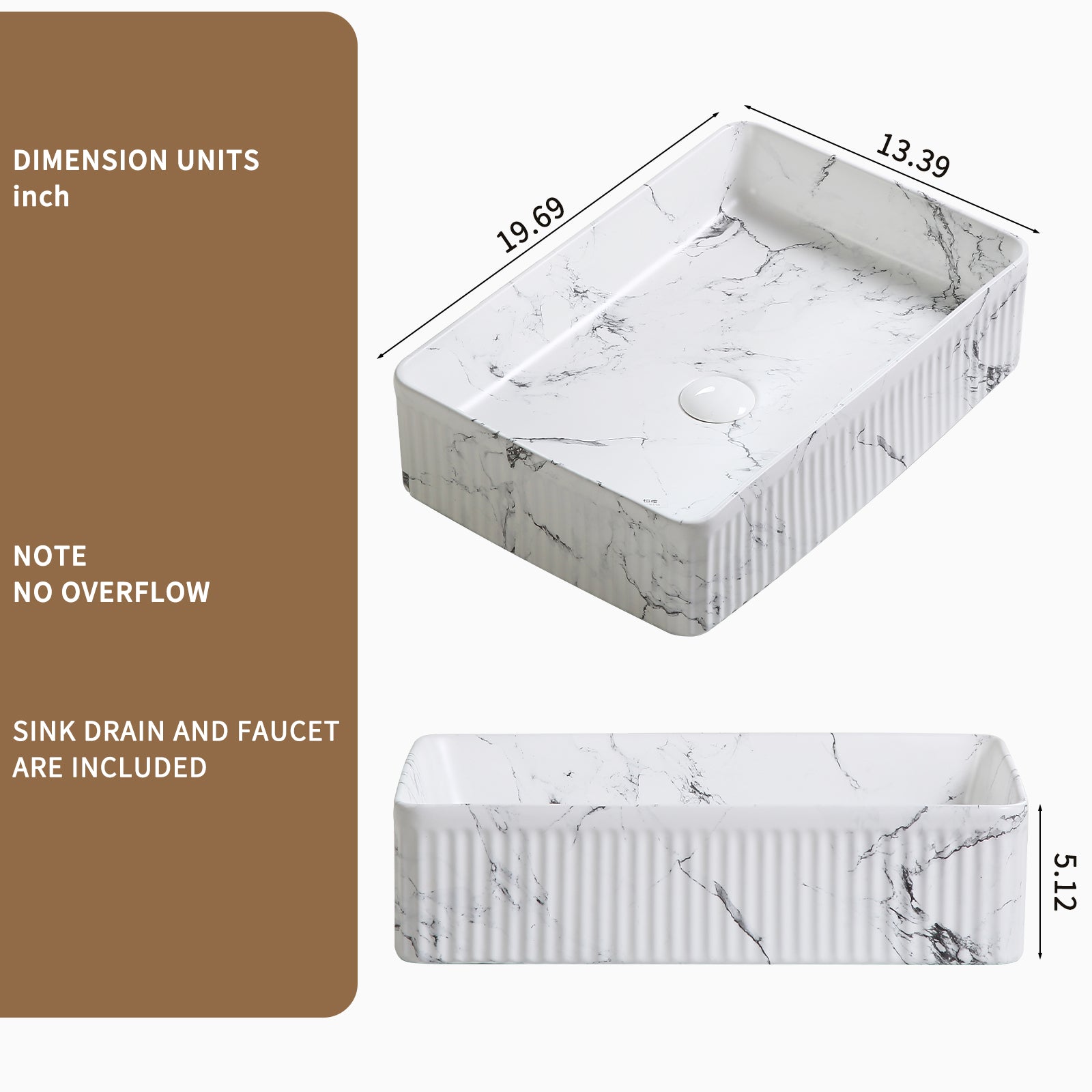 KPUY 20" x 13.5" Vessel Sink Set with Art Faucet | Black & White Marble Ceramic