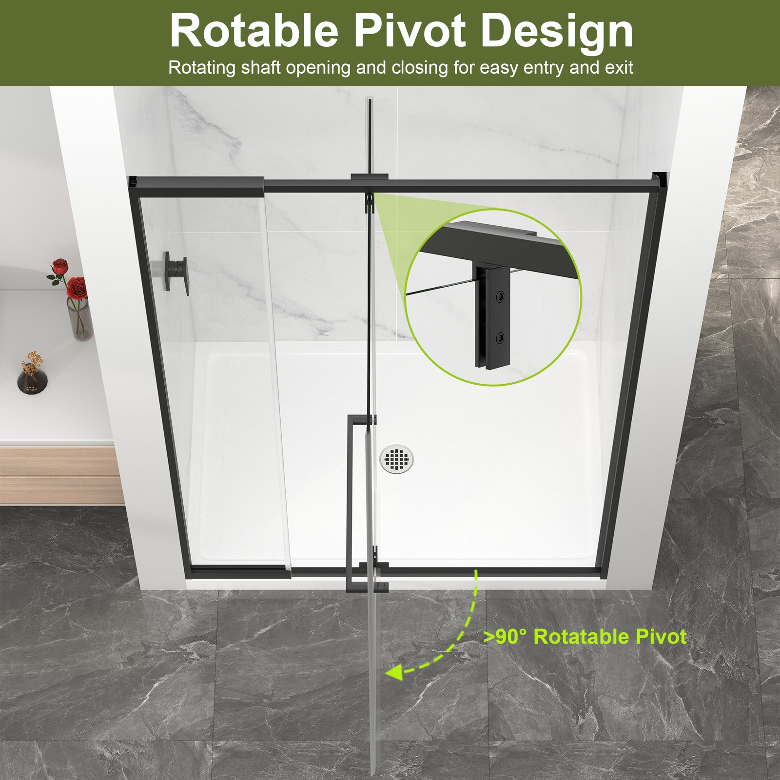 Semi-Frameless Pivot Shower Door Series – Adjustable 36"–48" W x 72" H Glass Shower Door