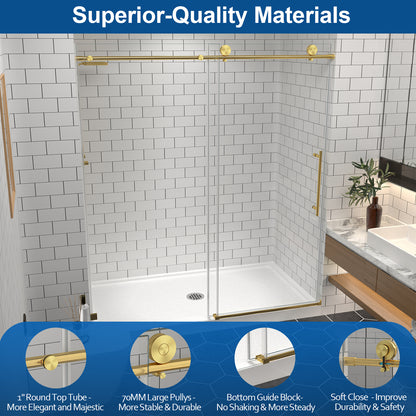 KPUY 2517 Black/Silver/Gold Frameless Shower Door, Sliding Glass Shower Door, 5/16" (8mm) Thick Tempered Clear Glass with Explosion-Proof Film Nano Coating, Stainless Steel Hardware