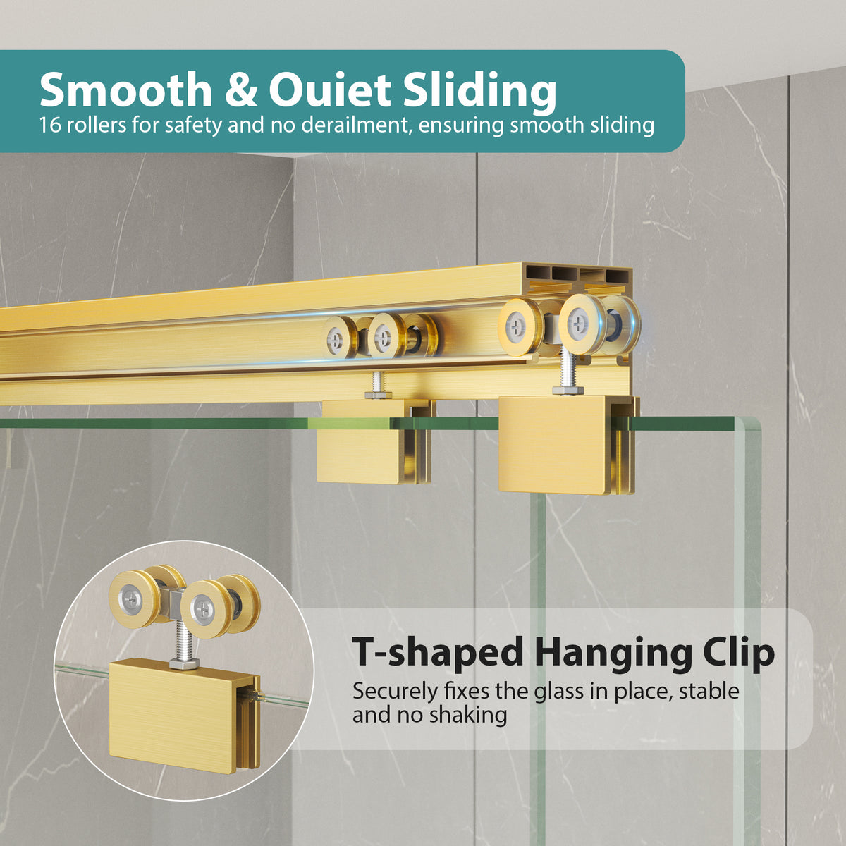 KPUY Double Sliding Glass Shower Door, 76" H, 1/4" Tempered Glass, Brushed Gold
