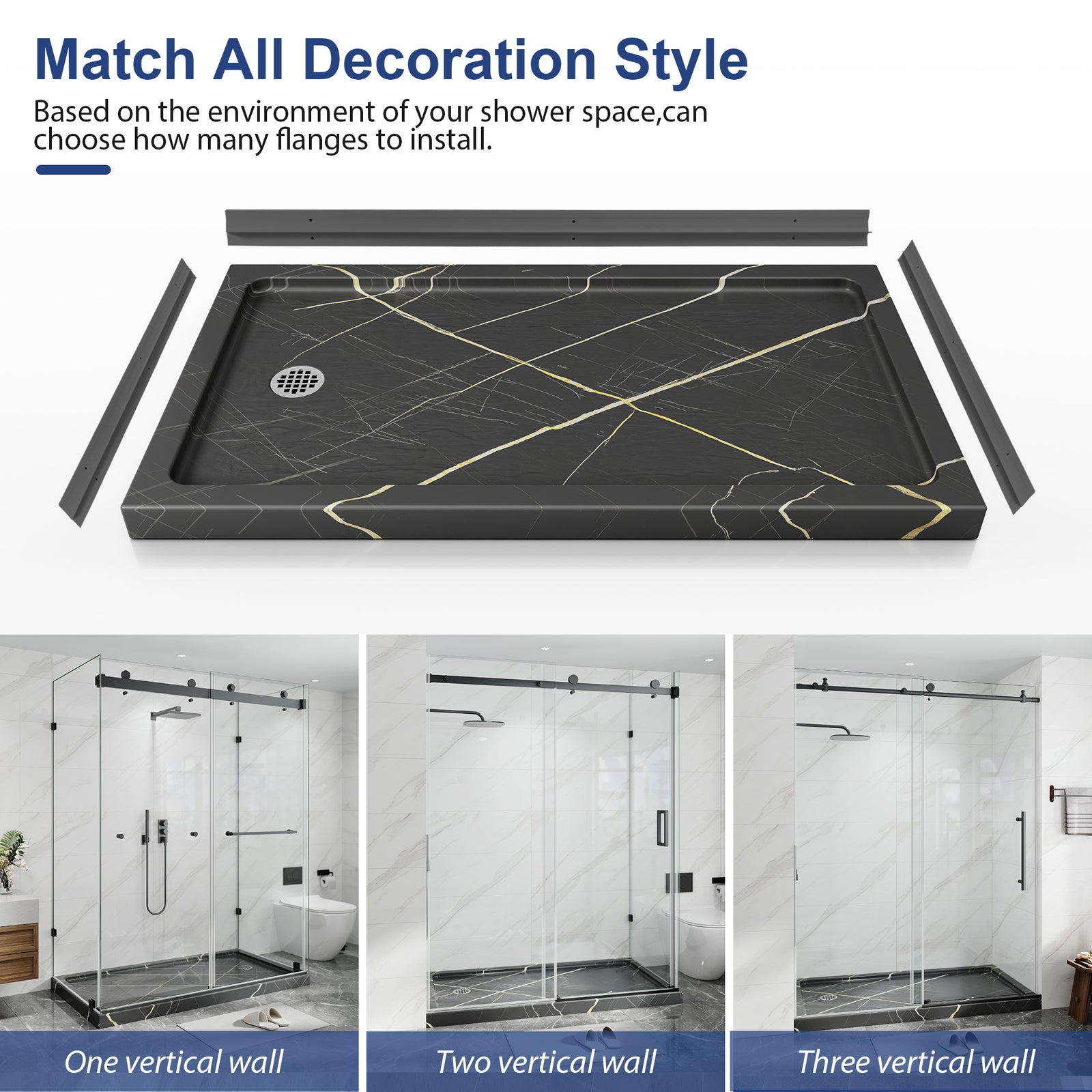 KPUY Rectangular Acrylic/ABS Shower Base Pan, Black Gold Stone-Look, Multiple Sizes