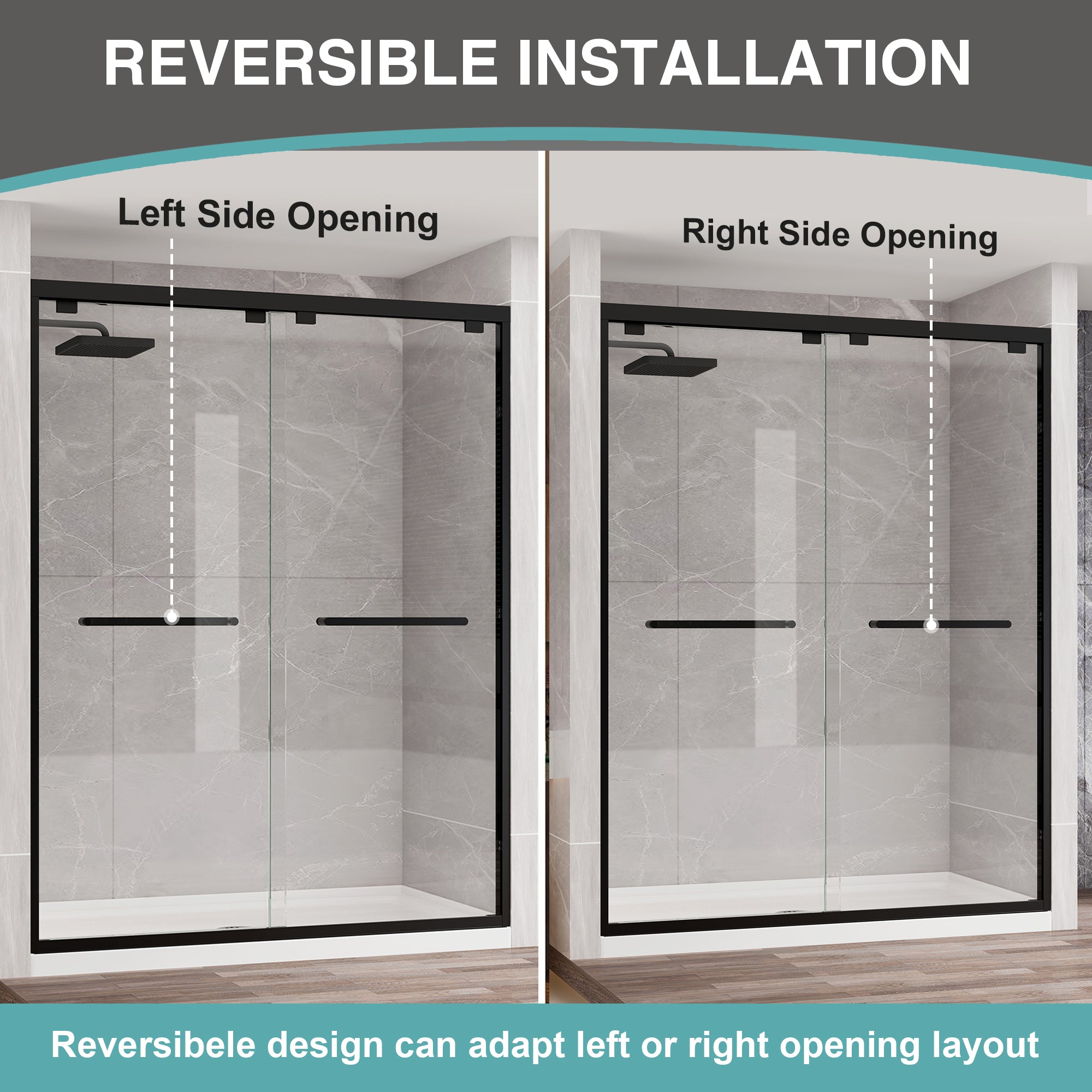 Matte Black Double Sliding Shower Door, Semi-Frameless, 43–48 in. W x 76 in. H, Model S0102