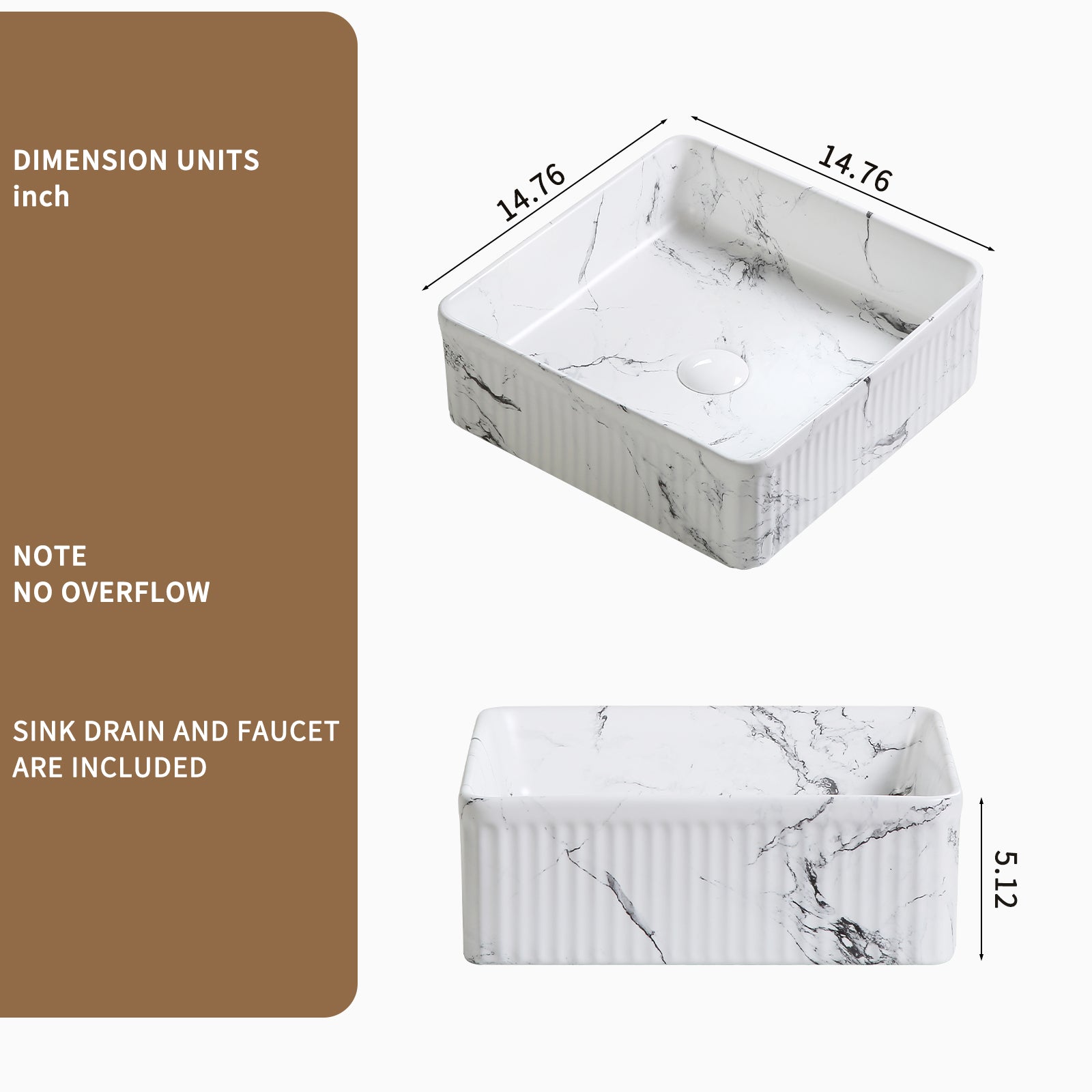 KPUY 15" Fluted Soft Square Vessel Sink Set with Black Faucet | Black & White Marble