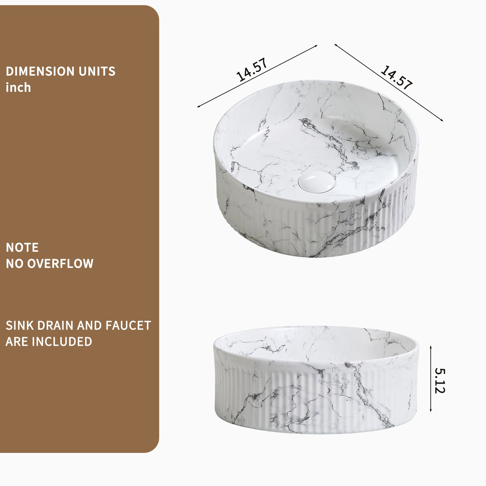 KPUY 15" Round Vessel Sink Set with Faucet & Drain | Black & White Marble Ceramic