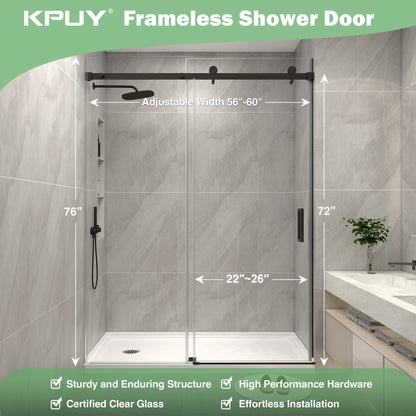 KPUY S9711A Frameless Shower Door, 56-60" W x 76" H Sliding Glass Shower Door, 1/4" (6mm) Thick Tempered Clear Glass with Explosion-Proof Film Nano Coating in Matte Black Finish
