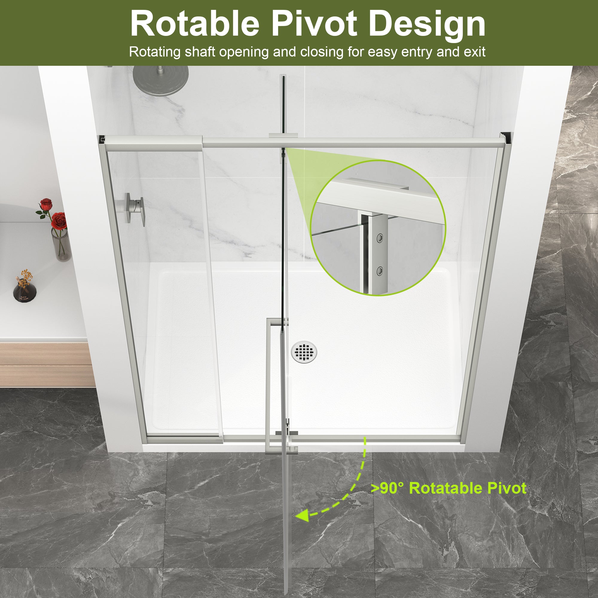 KPUY Semi-Frameless Pivot Shower Door, 1/4" Tempered Glass, Brushed Nickel – 36–42" & 42–48" W x 72" H