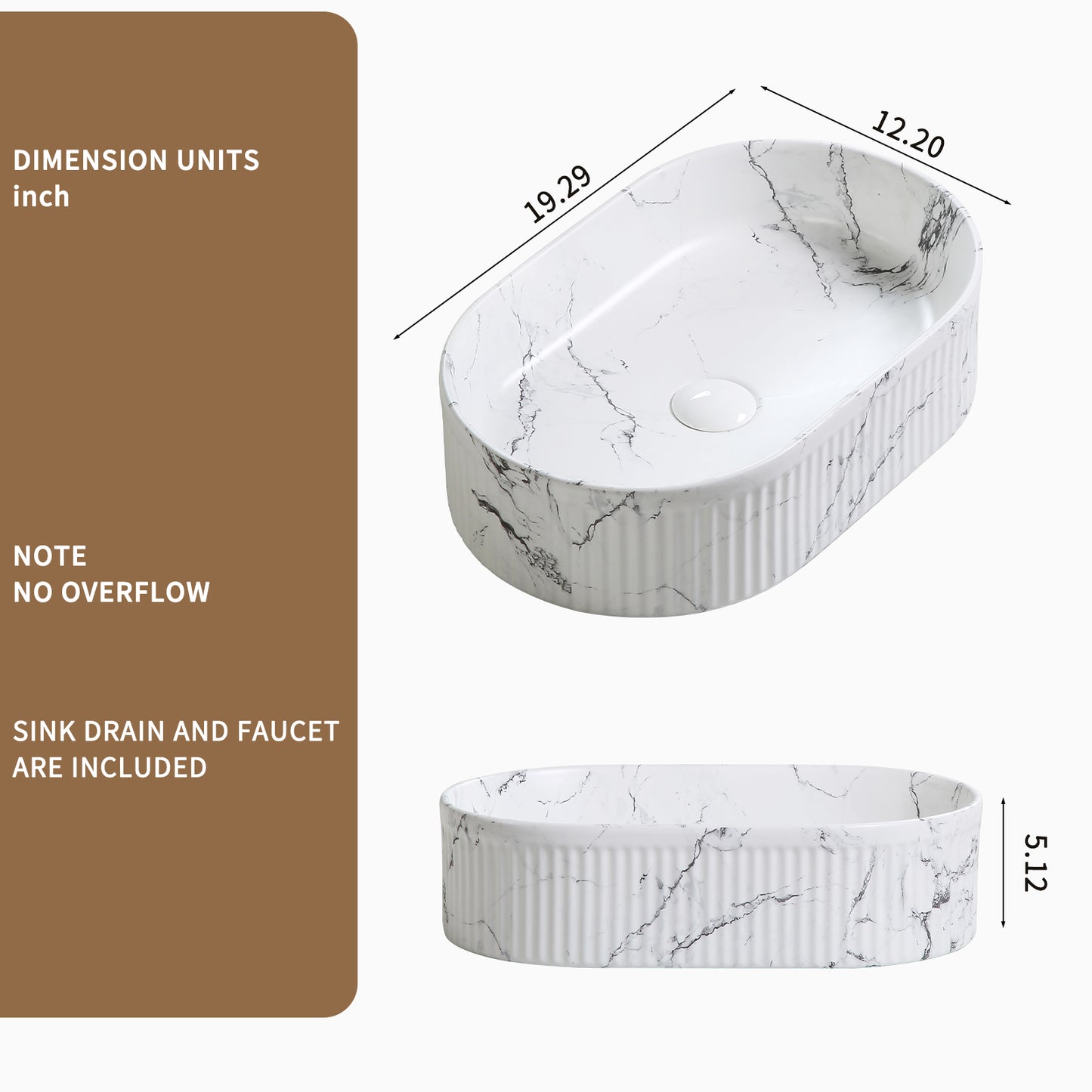 KPUY 19" x 12" Oval Vessel Sink Set with Faucet & Drain | Black & White Marble Ceramic