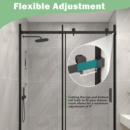 KPUY 9711 Frameless Shower Door, 50-54" W x 76" H Sliding Glass Shower Door, 1/4" (6mm) Thick Tempered Clear Glass with Explosion-Proof Film Nano Coating in Matte Black Finish