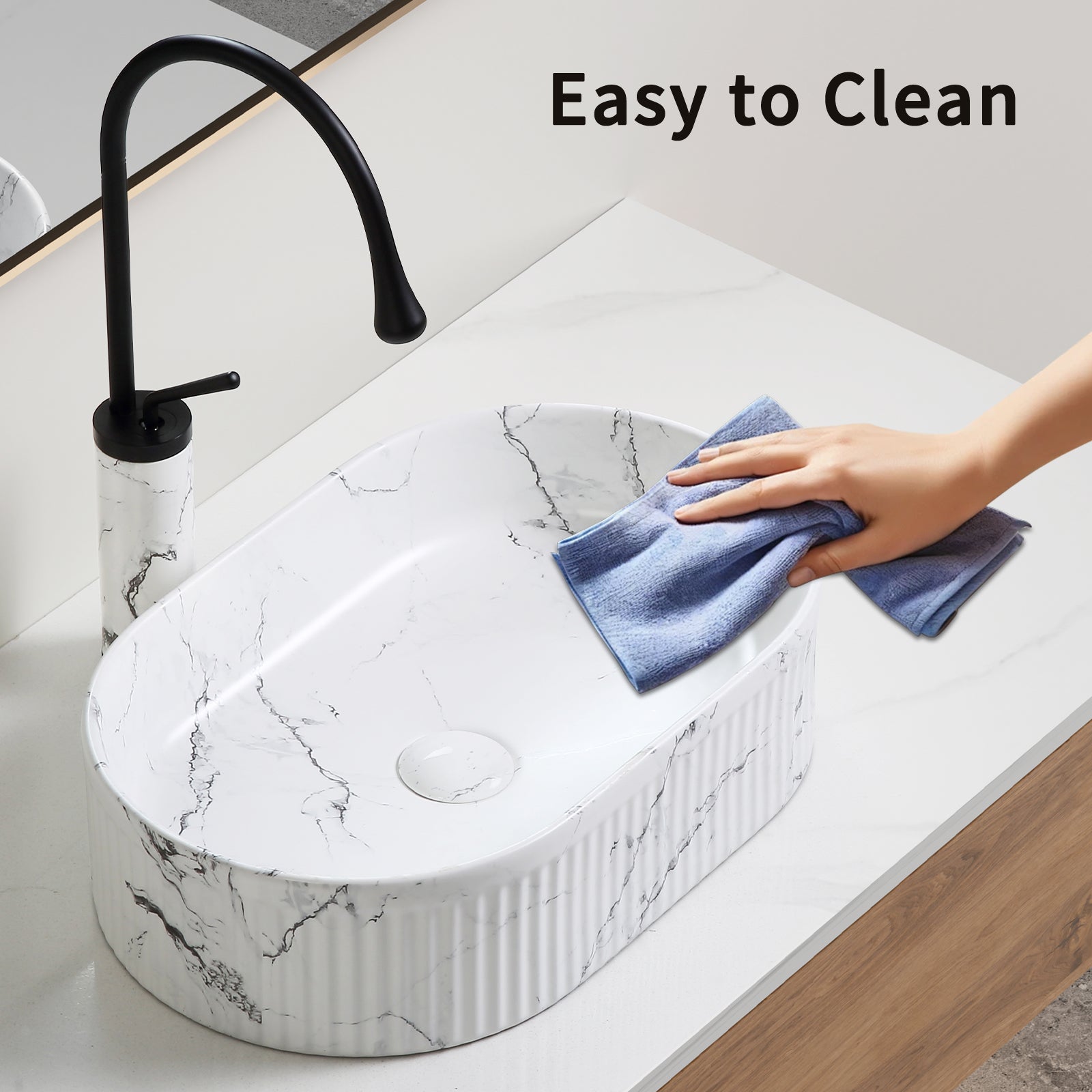 KPUY 19" x 12" Oval Vessel Sink Set with Faucet & Drain | Black & White Marble Ceramic