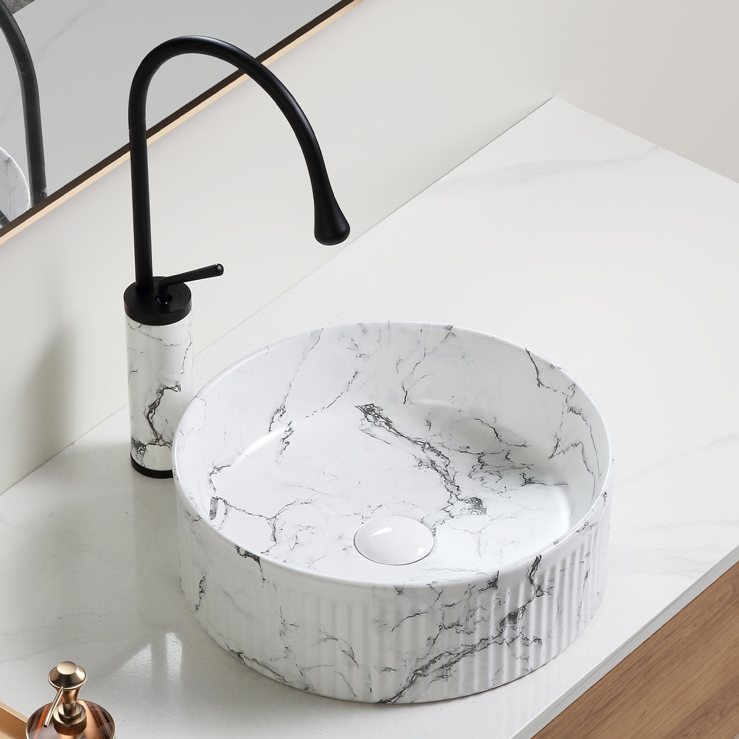 KPUY 15" Round Vessel Sink Set with Faucet & Drain | Black & White Marble Ceramic
