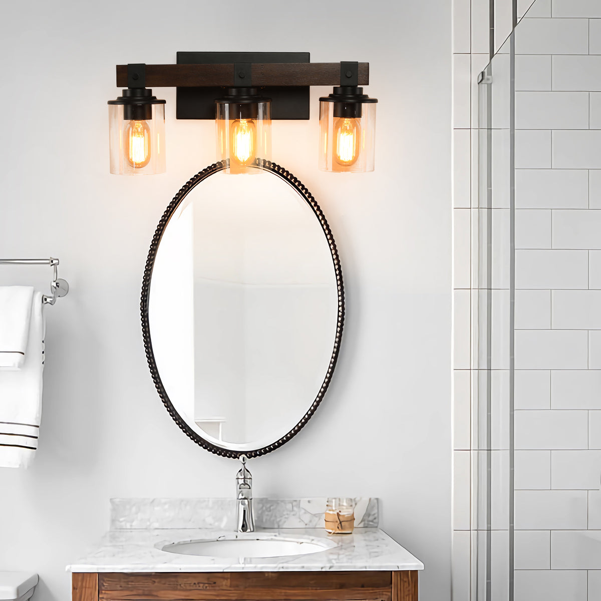 19" Rustic 3-Light Vanity Light, Industrial Bathroom Wall Sconce with Glass Shades and Wood Accent, Modern Farmhouse Lighting Fixture (No Bulbs)