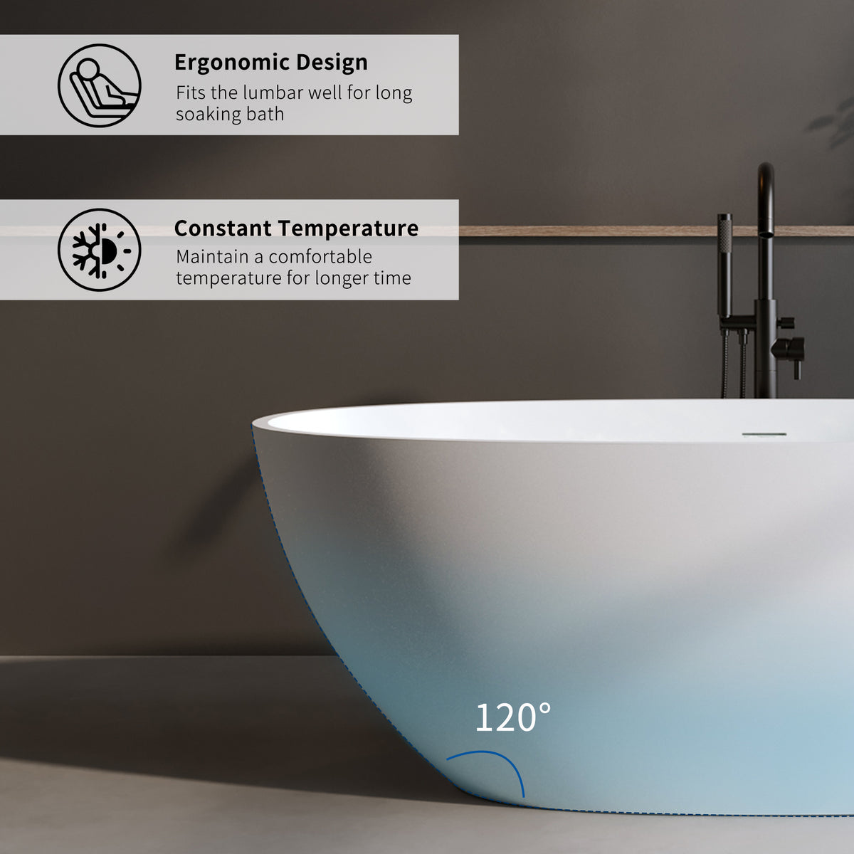 Solid Surface Matte Tub, Solid Surface Soaking Tub, Stone Resin Freestanding Bathtub, Thick Edge Stand Alone Tubs with Overflow, Pop-up Drain, Matte White