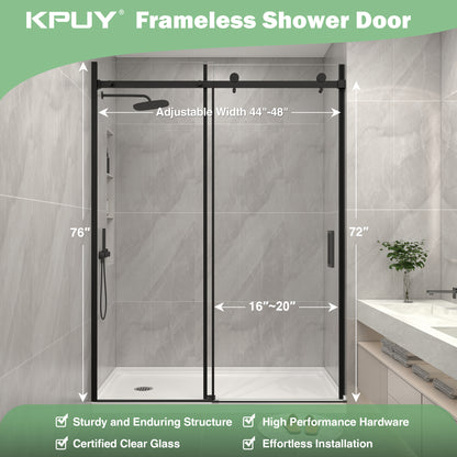 KPUY 9711 Frameless Shower Door, 50-54" W x 76" H Sliding Glass Shower Door, 1/4" (6mm) Thick Tempered Clear Glass with Explosion-Proof Film Nano Coating in Matte Black Finish