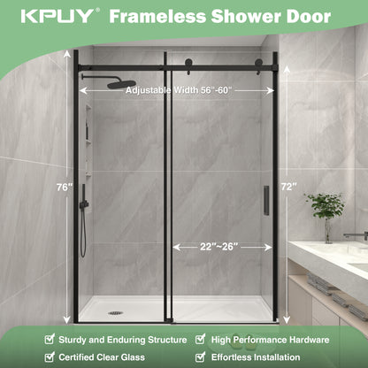 KPUY 9711 Frameless Shower Door, 50-54" W x 76" H Sliding Glass Shower Door, 1/4" (6mm) Thick Tempered Clear Glass with Explosion-Proof Film Nano Coating in Matte Black Finish