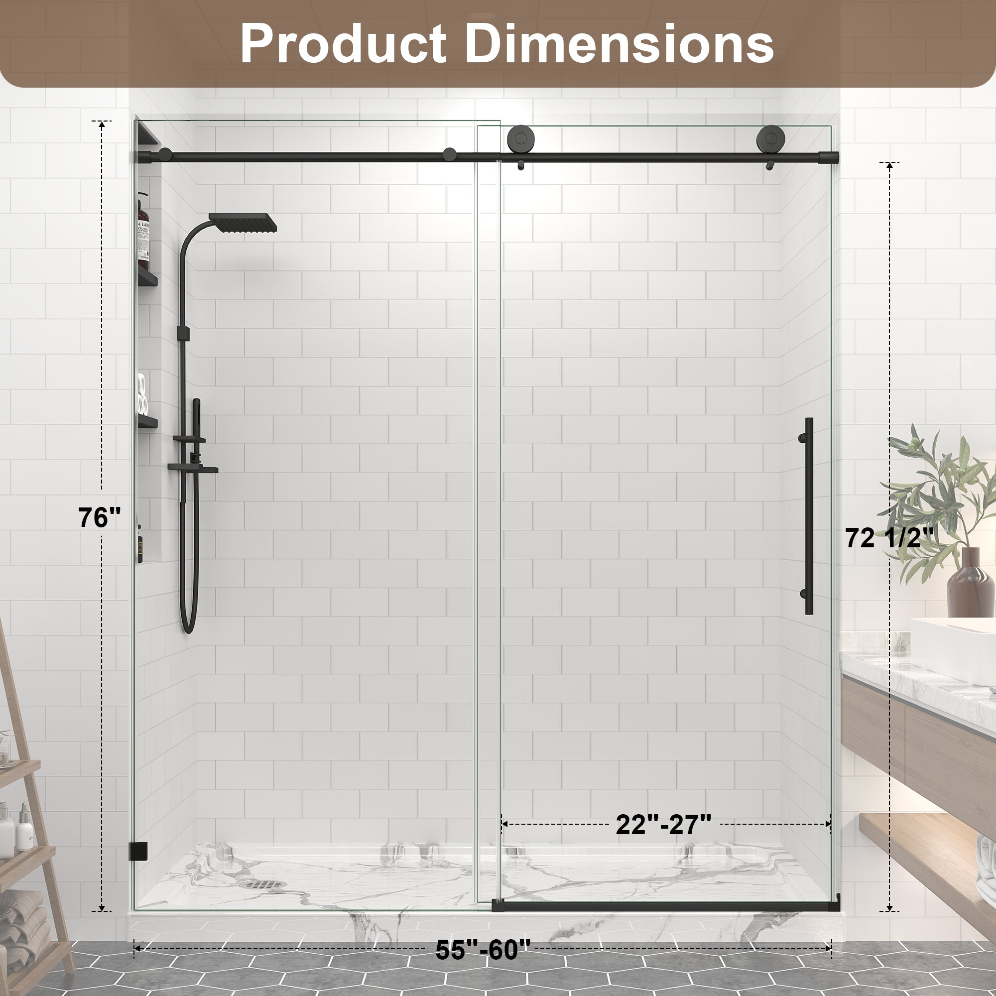55-65 in. W x 76 in. H Frameless Sliding Shower Door, 5/16 in. Clear Glass
