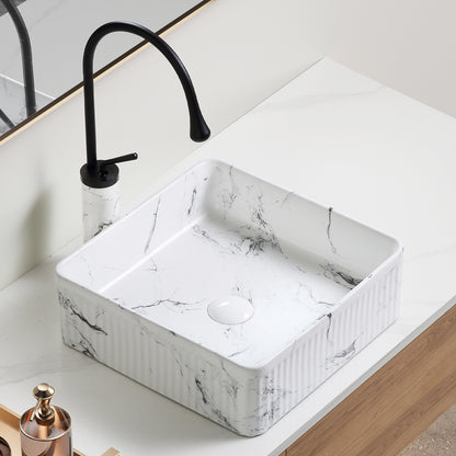 KPUY 15" Fluted Soft Square Vessel Sink Set with Black Faucet | Black & White Marble