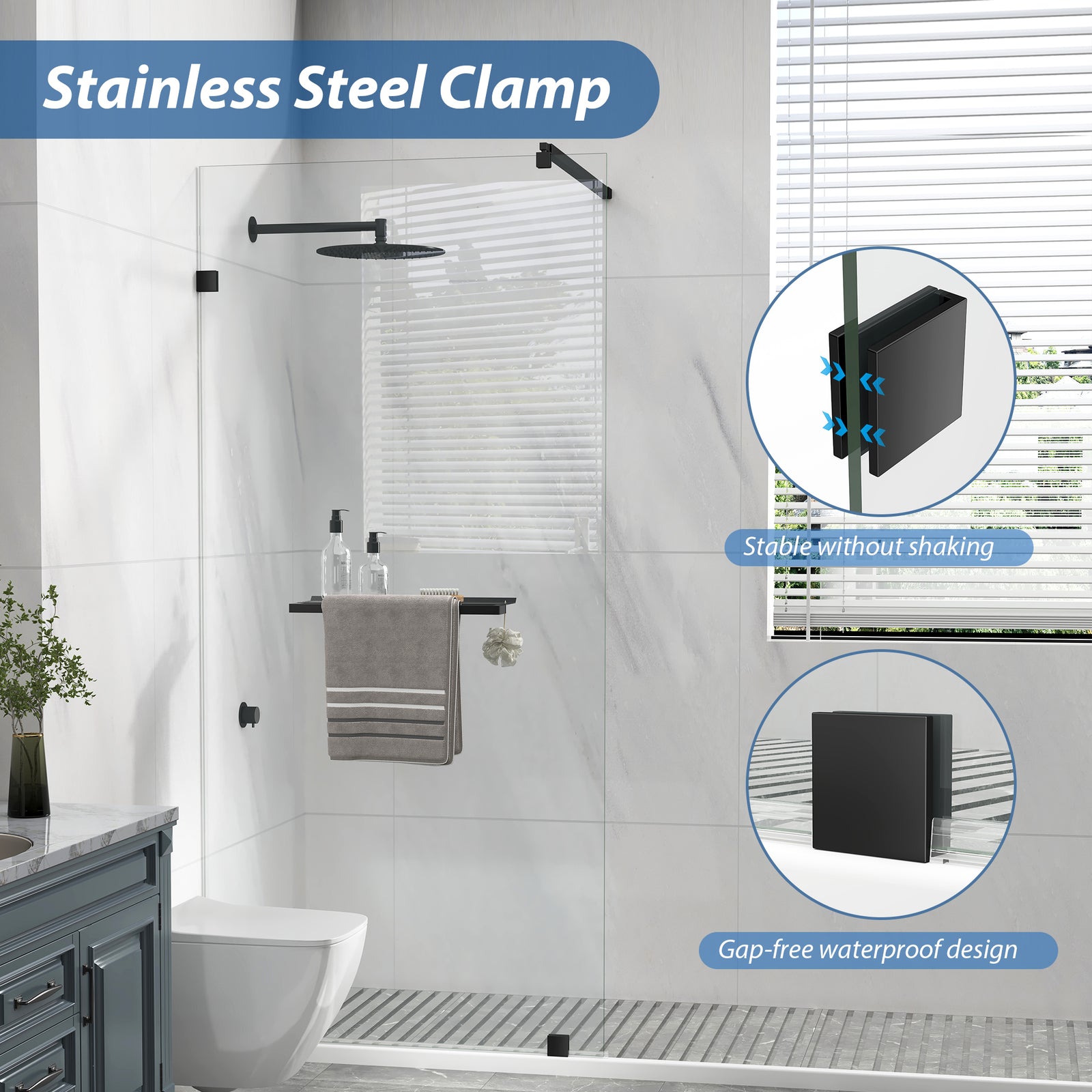 Matte Black Fixed Glass Shower Panel, 36 in. W x 76 in. H, Frameless Shower Screen, Model S97A
