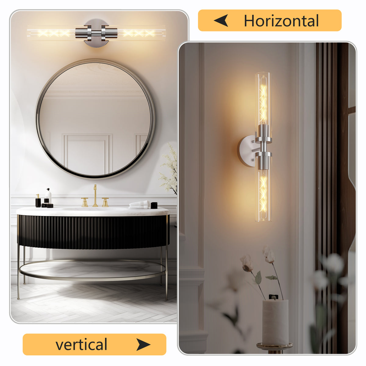 Wall Sconces Set of Two, Hardwired Brushed Nickel Bathroom Sconces Wall Lighting with Clear Glass, Modern Sconces Wall Decor Set of 2 Wall Light fixtures for Mirror Hallway (Bulbs Not Included)