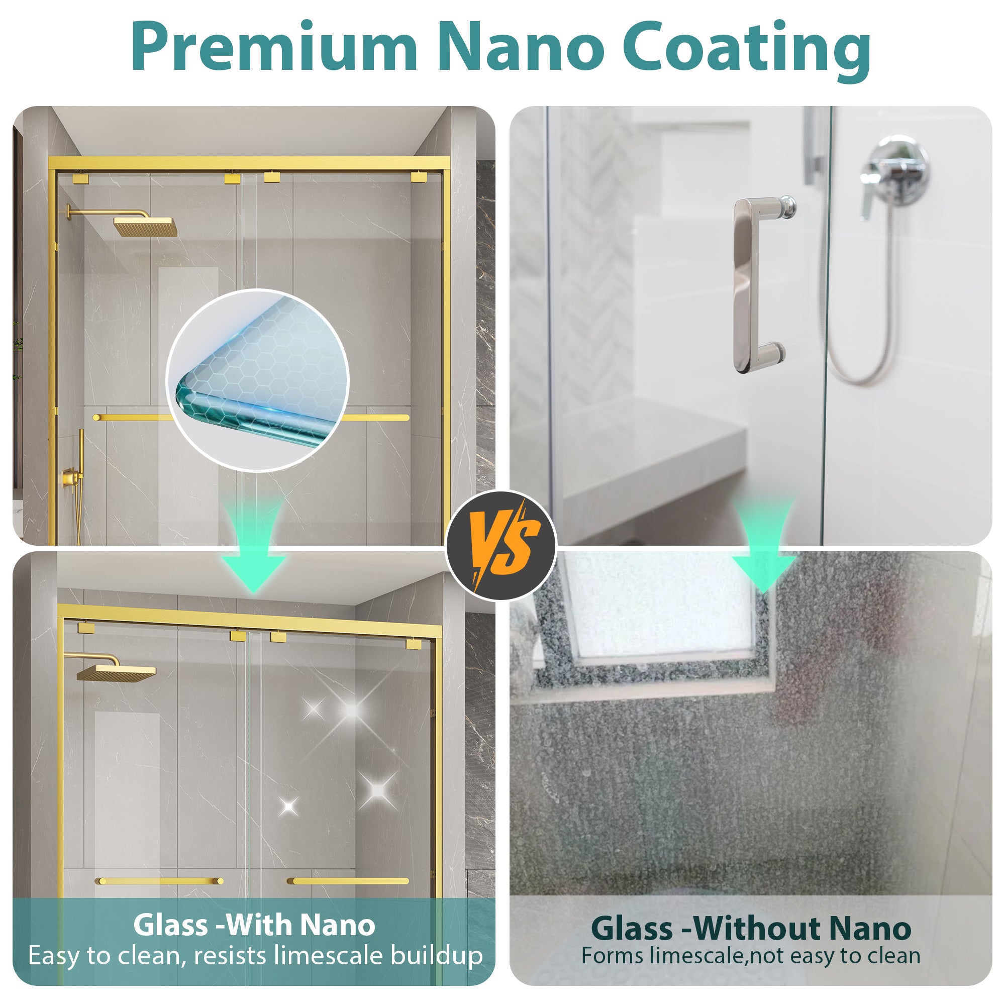 KPUY Double Sliding Glass Shower Door, 76" H, 1/4" Tempered Glass, Brushed Gold