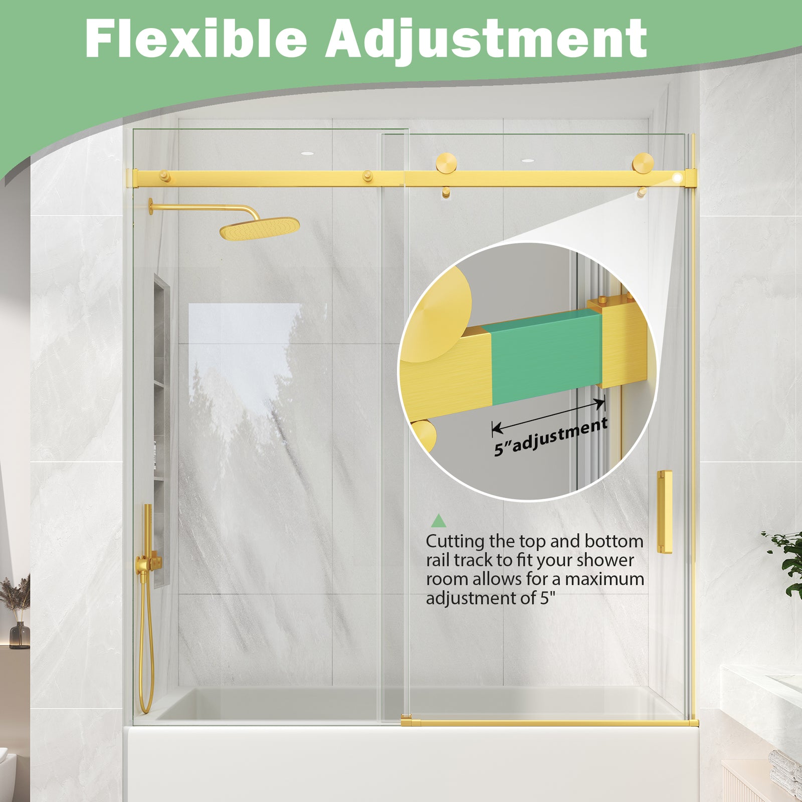 KPUY Frameless Sliding Bathtub Door, 60" H, 1/4" Tempered Glass, Brushed Gold