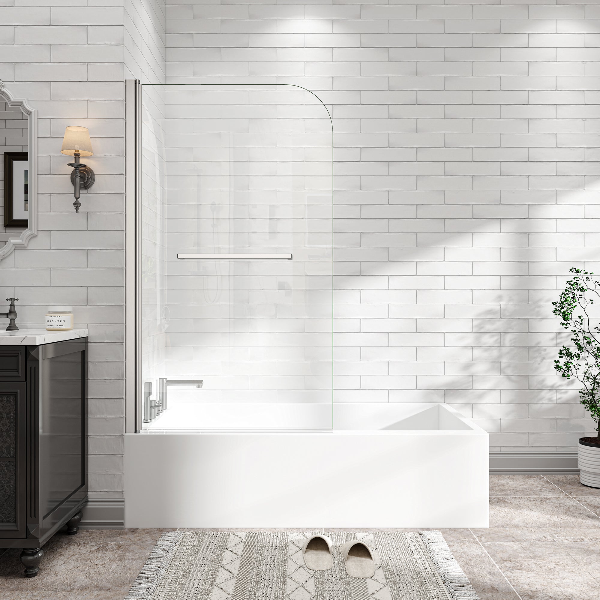KPUY 32" x 55" Frameless Bathtub Screen | 180° Pivot Shower Door | Reversible