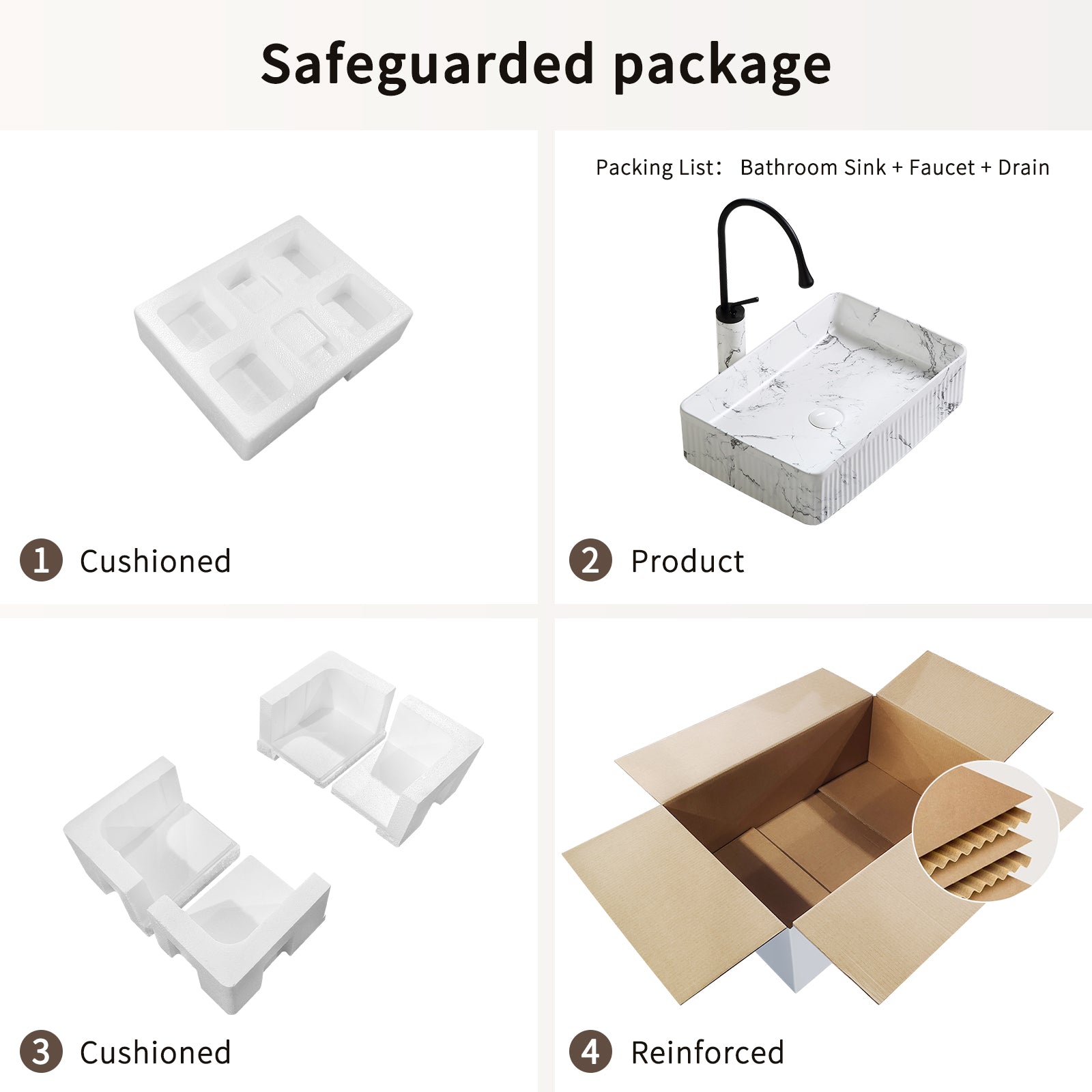 KPUY 20" x 13.5" Vessel Sink Set with Art Faucet | Black & White Marble Ceramic