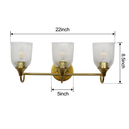 Bathroom Vanity Light Fixture, 3 Light Modern Gold Vanity Lighting fixtures, Bathroom Lighting Fixtures Over Mirror, Bathroom Wall Lamp with Clear Glass for Bathroom, Hallway, Bedroom with E26 Socket