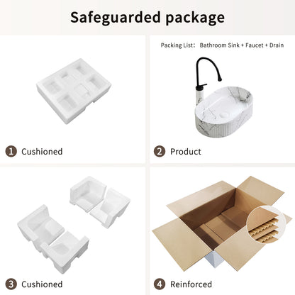 KPUY 19" x 12" Oval Vessel Sink Set with Faucet & Drain | Black & White Marble Ceramic