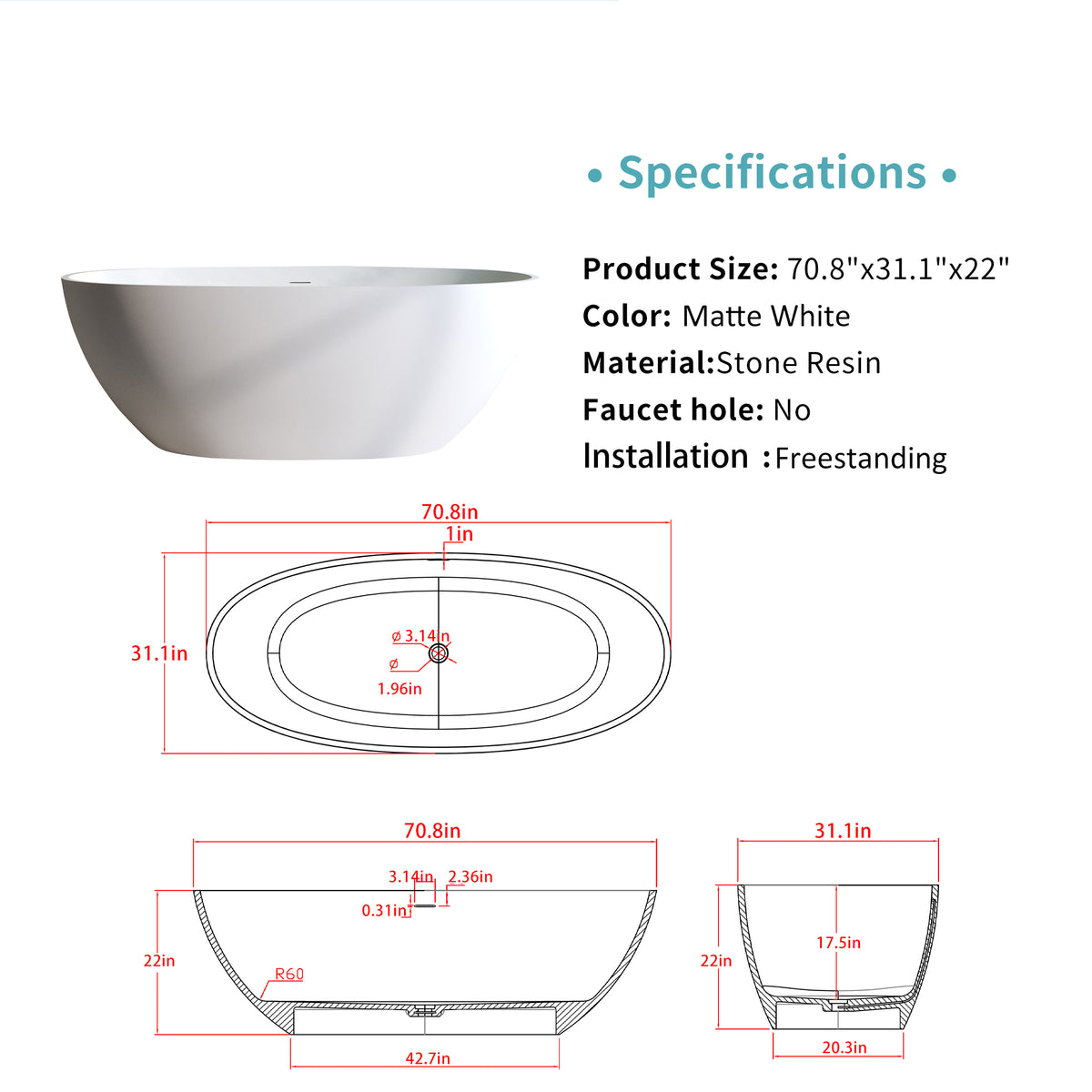 Solid Surface Matte Tub, Solid Surface Soaking Tub, Stone Resin Freestanding Bathtub, Thick Edge Stand Alone Tubs with Overflow, Pop-up Drain, Matte White