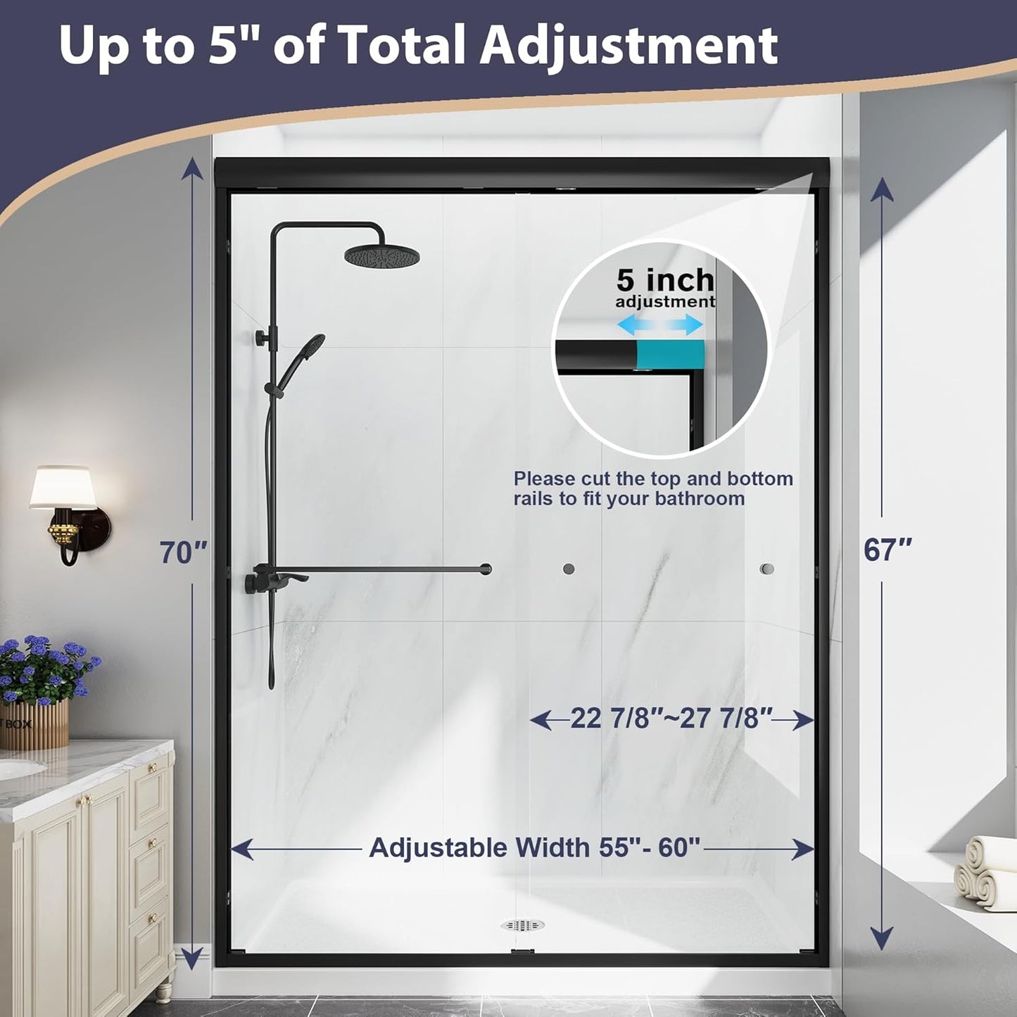 KPUY 70" H Framed Double Sliding Shower Door | Adjustable Width (43" - 60") | Bypass Design