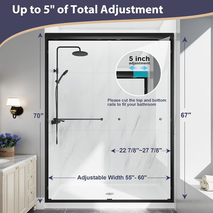 KPUY 70" H Framed Double Sliding Shower Door | Adjustable Width (43" - 60") | Bypass Design