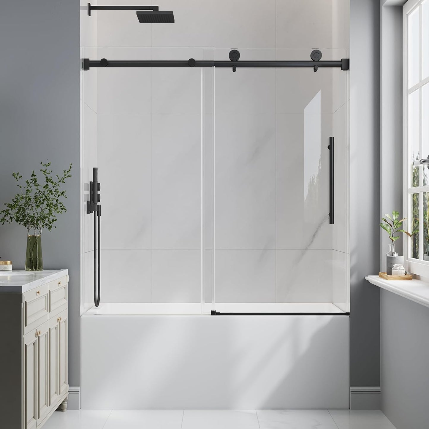 KPUY 55-60" x 60" Frameless Sliding Tub Door | 1/4" SGCC Glass & Stainless Steel