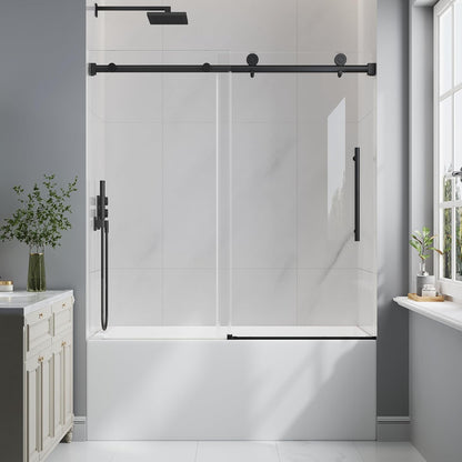 KPUY 55-60" x 60" Frameless Sliding Tub Door | 1/4" SGCC Glass & Stainless Steel