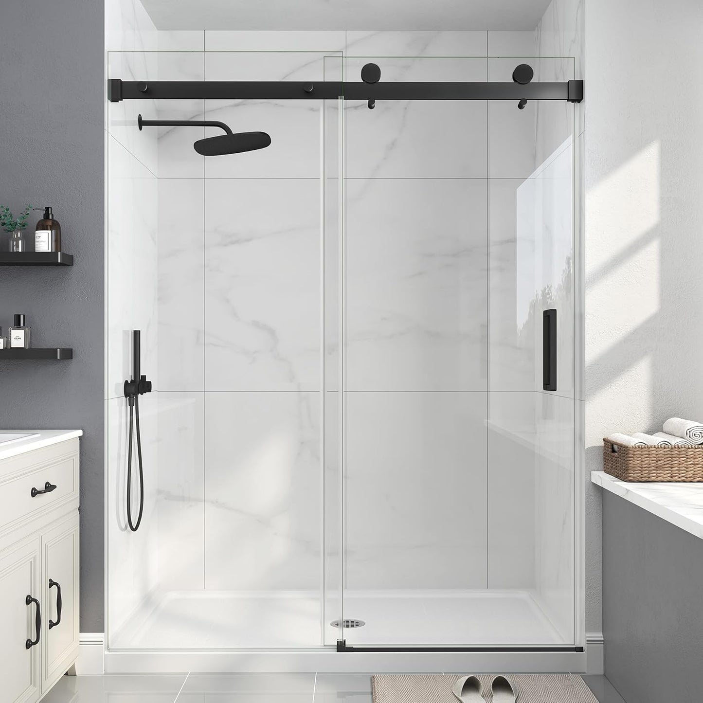 KPUY 76" H Frameless Sliding Shower Door | Adjustable Width (43" - 60") | 1/4" SGCC Glass