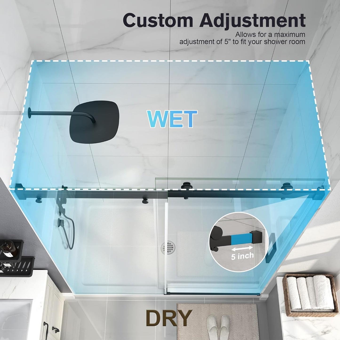 KPUY 76" H Frameless Sliding Shower Door | Adjustable Width (43" - 60") | 1/4" SGCC Glass