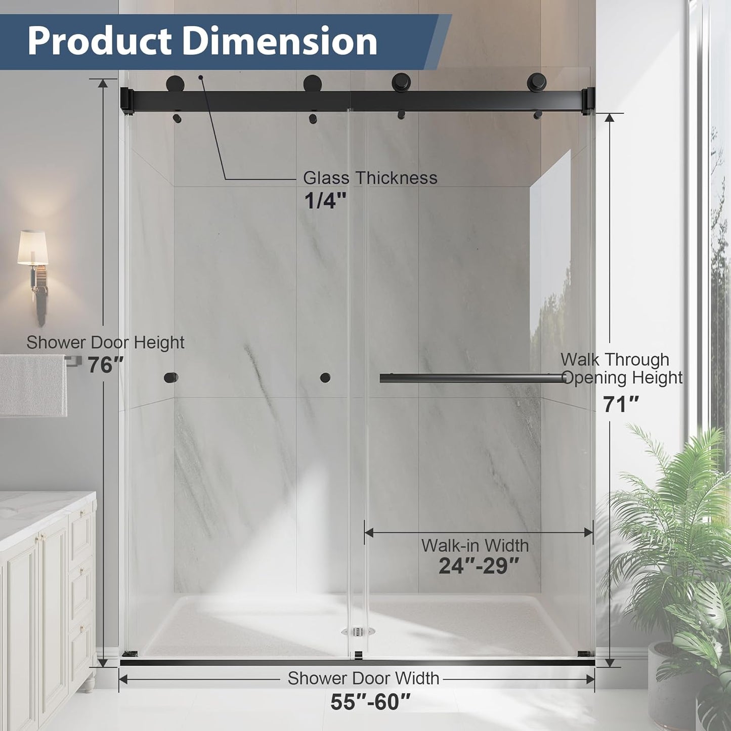 Measurement chart of a shower enclosure with labeled dimensions.