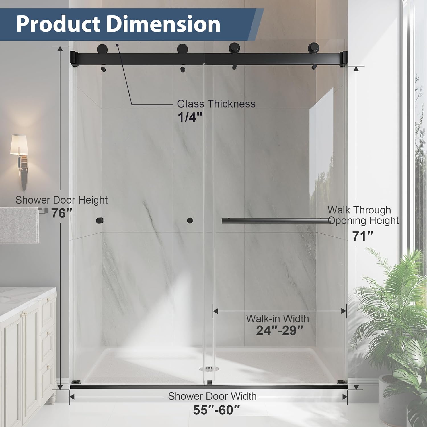 Measurement chart of a shower enclosure with labeled dimensions.