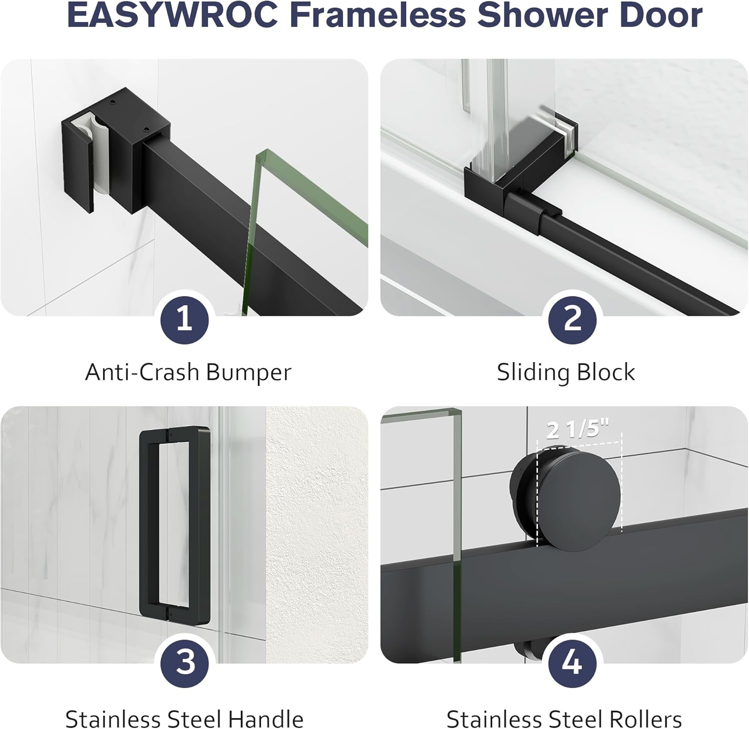 Porte de douche coulissante sans cadre KPUY 76" H | Largeur ajustable (43" - 60") | Verre trempé SGCC 1/4"