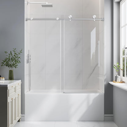 KPUY 55-60" x 60" Frameless Sliding Tub Door | 1/4" SGCC Glass & Stainless Steel