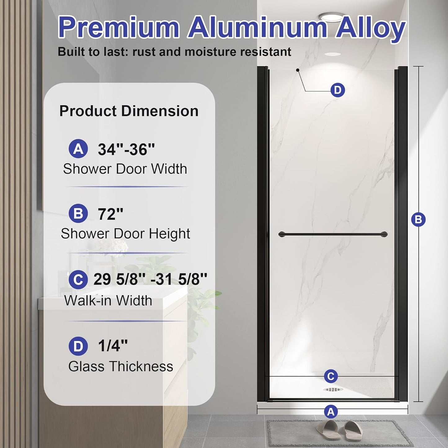 KPUY 72" H Frameless Pivot Shower Door | Swing Design | Adjustable Width (24" - 38")