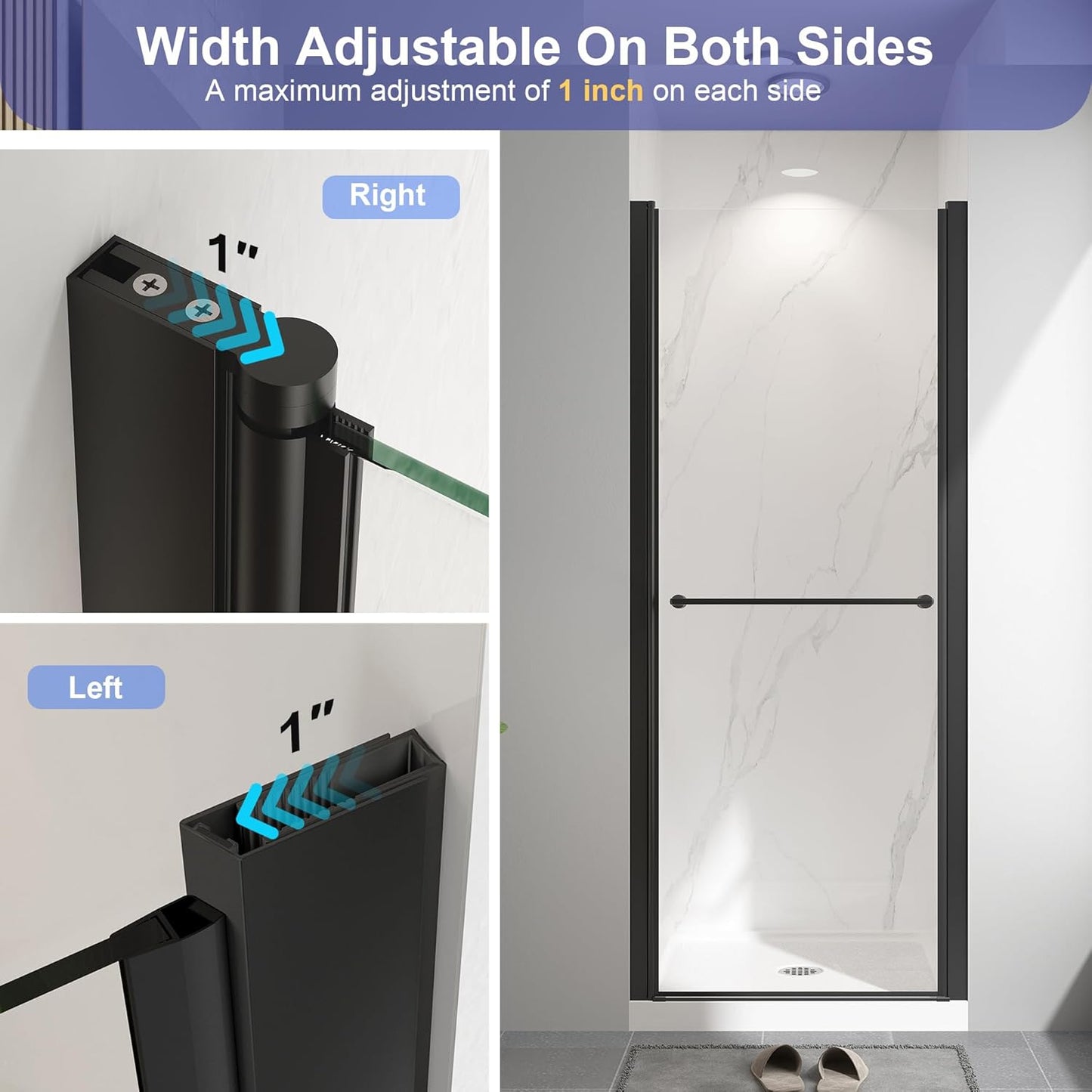 KPUY 72" H Frameless Pivot Shower Door | Swing Design | Adjustable Width (24" - 38")