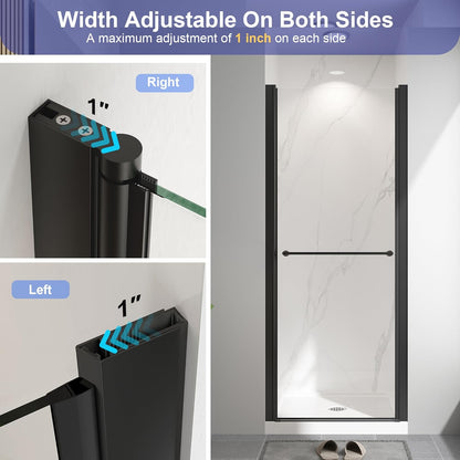 KPUY 72" H Frameless Pivot Shower Door | Swing Design | Adjustable Width (24" - 38")