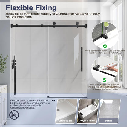 KPUY 55-60" x 60" Frameless Sliding Tub Door | 1/4" SGCC Glass & Stainless Steel
