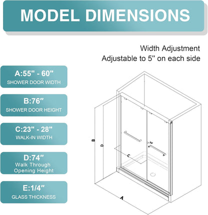 KPUY S0102 Double Sliding Shower Door 43-48" W x 76" H - Matte Black | Semi-Frameless